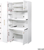 White Kitchen Pantry Cabinet with Pull-Out Multi-Tier Storage Shelf, Glass Doors, Multi-Purpose Modern Storage Cabinet for Kitchen, Dining Room, or Living Room, 70.87” H