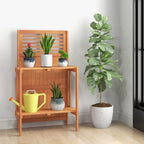 Foldable Wood Potting Bench 2-Tier Storage Shelves Teak Oil Finish Garden Balcony Yard Deck