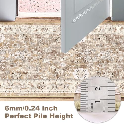 LOKHOM Washable Runner Rug, 2x8 Non-Slip Vintage Hallway Runner Rug with Rubber Backing, Boho Floral Soft Faux Wool Kitchen Rug Carpet Runner for Laundry Entryway Bedroom (Beige Brown)