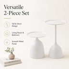 Side Tables Set of 2, 15.7'' Metal Round End Tables with Round Base, Small Accent Tables for Living Room Bedroom Sofa, Minimalist Side Table Set with Tall and Short (White)