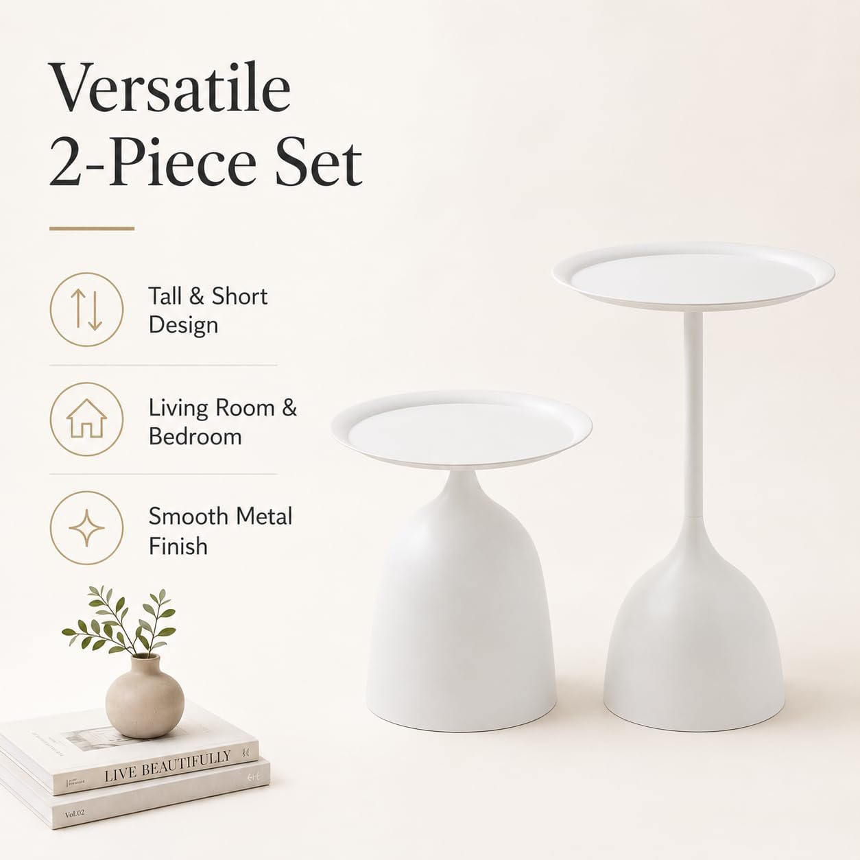 Side Tables Set of 2, 15.7'' Metal Round End Tables with Round Base, Small Accent Tables for Living Room Bedroom Sofa, Minimalist Side Table Set with Tall and Short (White)