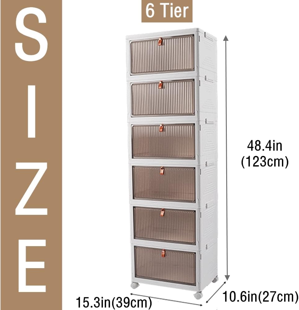 Foldable Storage Bins Boxes with Lid Wheels and Magnetic Door, Collapsible Stackable ABS Organizer for Kitchen Cloakroom Closet Living Room & Office (6 Tier)