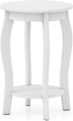 Giantex Round End Table, Wooden Side Table with Storage Shelf, Small Nightstand with Solid Wood Legs, 2-Tier Accent Table for Living Room Bedroom, White