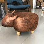 Decorative Buffalo Ottoman Footstool Cute Animal Upholstered Stool for Kids Wooden Footrest Accent Furniture, Brown