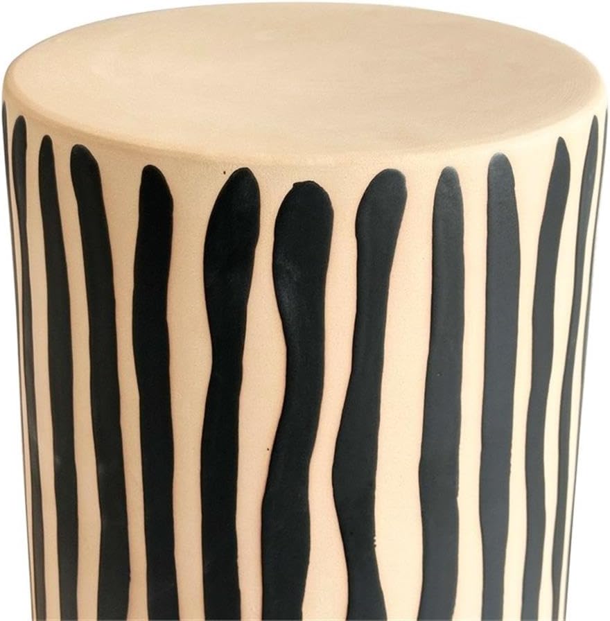 Pemberly Row Contemporary Ceramic Accent Table, Black Stripes, 13 in x 13 in x 17.5 in, Handmade and Hand-Painted, Textured Beige Finish, Side Table for Living Room, Patio, or Bedroom