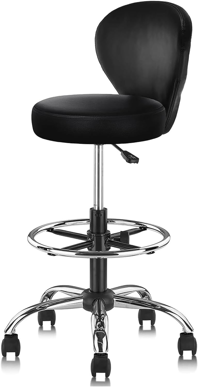 KLASIKA Black PVC Faux Leather Drafting Chair Rolling Swivel Salon Stool Seat Adjustable Height 36 Inch with Back Support Foot Rest Hydraulic Wide Seat for Tattoo Beauty Barber Lash 1Pack