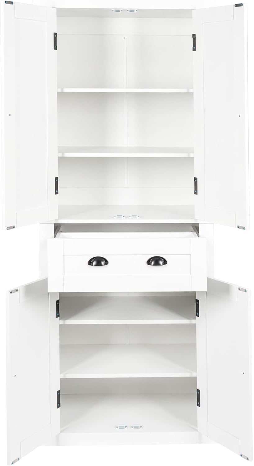 72" Kitchen Pantry Storage Cabinet, Traditional Freestanding Cupboard with 4 Doors and Adjustable Shelves, Large Central Drawer, White,15.75 * 30 * 72