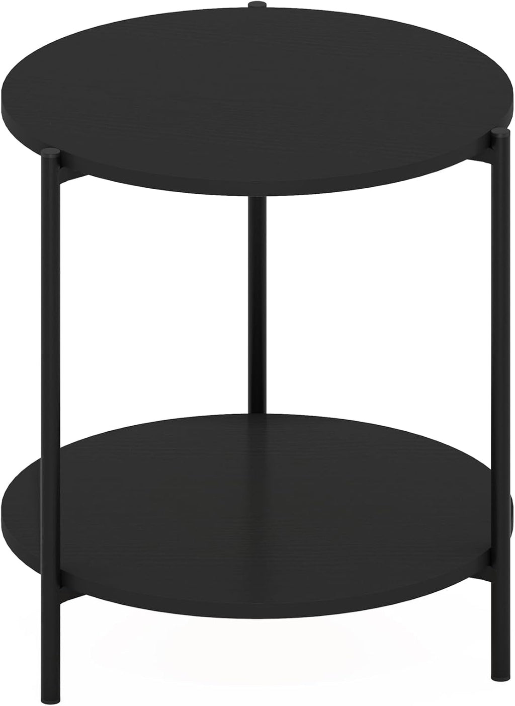 Furinno Besi 2-Tier Wide Round Side Table with Metal Legs, Metal Black End Table, Night Stand, Bedside Table with Open Shelf, for Living Room, Bedroom, Dark Americano
