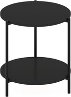 Furinno Besi 2-Tier Wide Round Side Table with Metal Legs, Metal Black End Table, Night Stand, Bedside Table with Open Shelf, for Living Room, Bedroom, Dark Americano