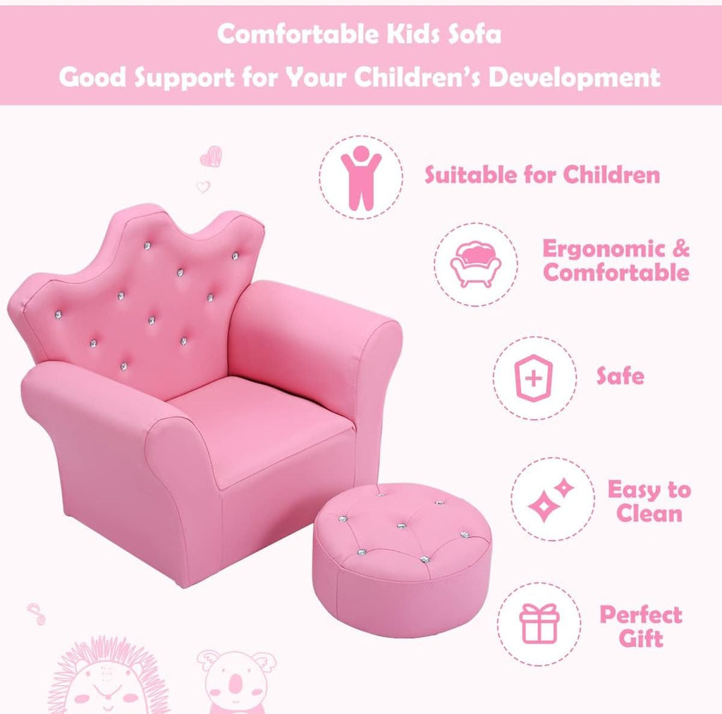 Toddler Chair, Toddler Chairs Comfy, Princess Kids Couch with Ottoman, Toddler Couch with Wooden Frame and PVC Leather, Kids Sofa for Girls and Boys, Ideal for Bedroom, Living Room