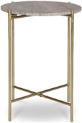 BOWERY HILL Contemporary Accent Table, 22" H x 16" W x 16" D, Dark Travertine Marble Top, Gold Iron Frame, Brown Finish, Stylish Living Room or Bedroom Side Table