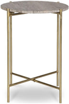 BOWERY HILL Contemporary Accent Table, 22" H x 16" W x 16" D, Dark Travertine Marble Top, Gold Iron Frame, Brown Finish, Stylish Living Room or Bedroom Side Table
