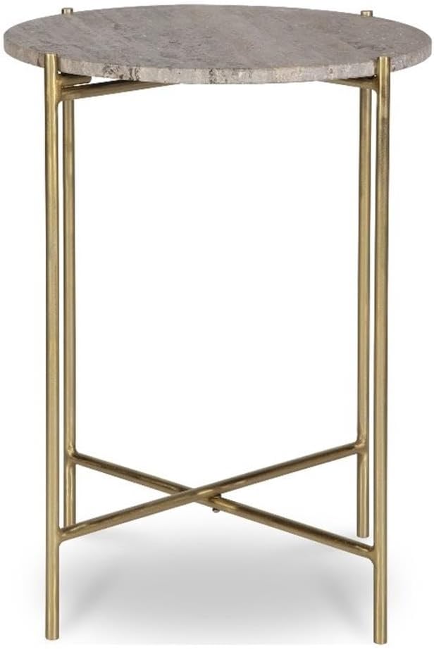 BOWERY HILL Contemporary Accent Table, 22" H x 16" W x 16" D, Dark Travertine Marble Top, Gold Iron Frame, Brown Finish, Stylish Living Room or Bedroom Side Table