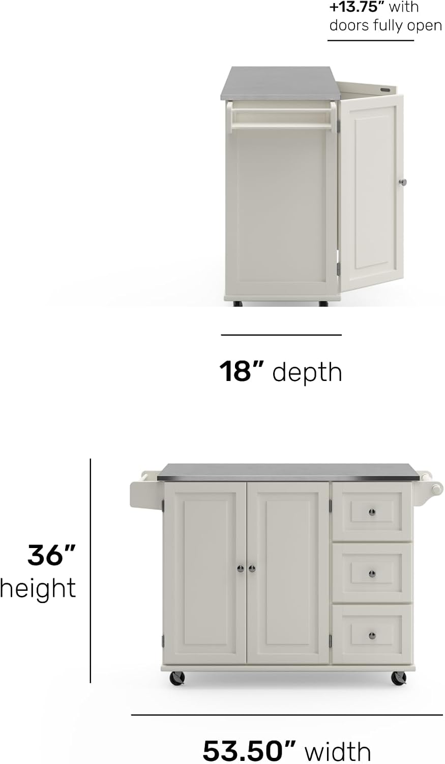 53.5" Kitchen Island Cart with Storage, Rolling Kitchen Cart on Wheels with Stainless Steel Top, Mobile Prep Station with Drawers, Cabinets, Adjustable Shelves & Towel Rack, Solid Wood, Off White