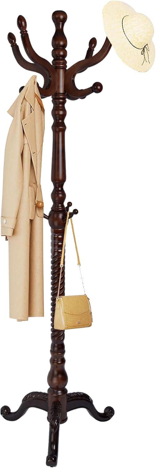 Solid Wood Coat Rack, Free Standing Hall Coat Tree with 11 Hooks, 2 Height Options, 270lbs Load, Stury Base, Clothes Rack for Entryway, Hallway, Bedroom (Tri-legged Base - Dark Brown)