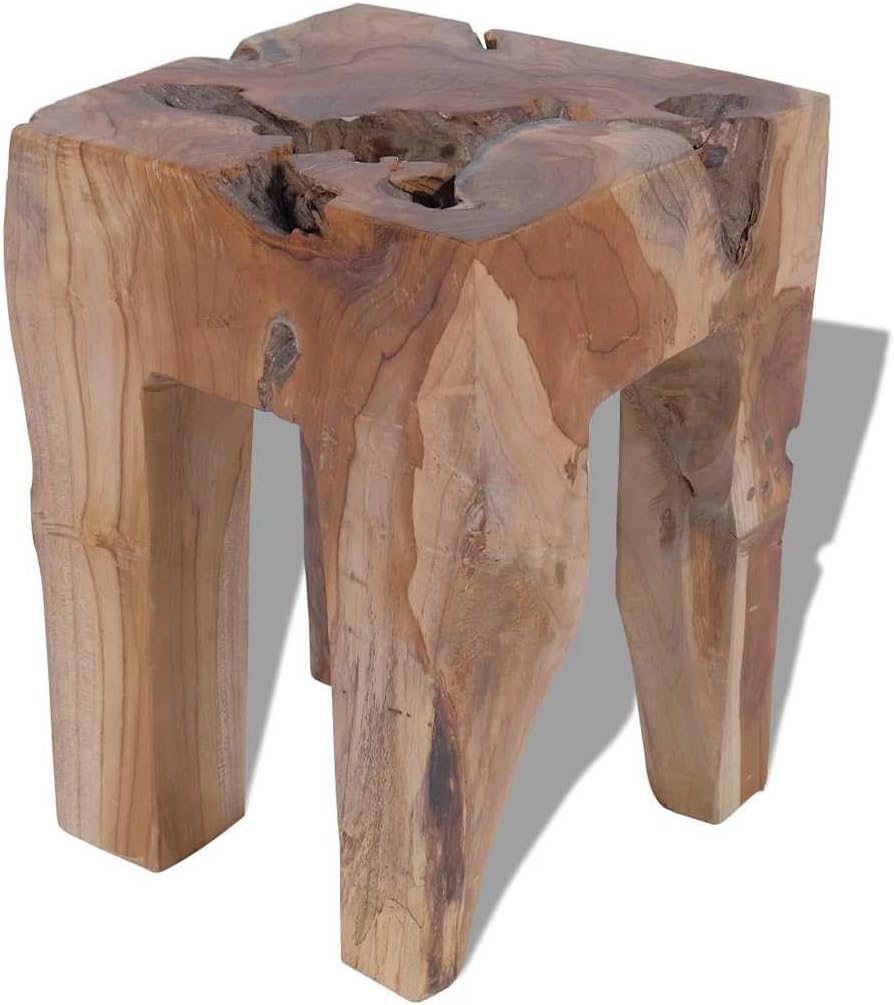 Solid Teak Wood Stool, Square Rustic End Table for Living Room Bedroom, Sturdy Compact Footrest Seat, 15.7 inch Height, Brown