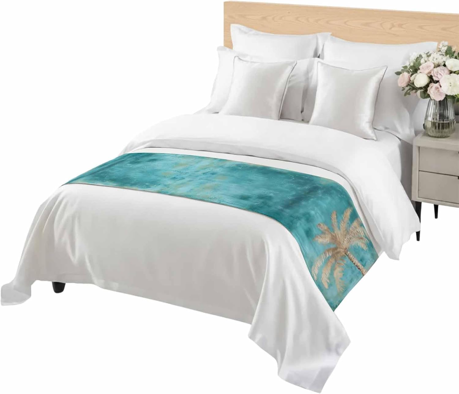 Coastal Beach Tree Bed Runner Scarf King Size, Vintage Teal Brown Tropical Palm Tree Luxury Bed Throw Runners & Scarves for Twin Full Queen King Foot of Beds, Bedroom Decoration, 94"x20"