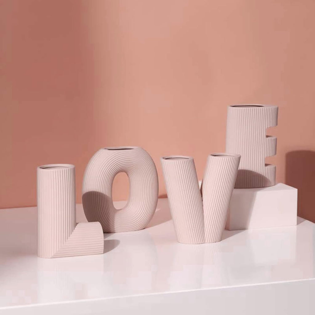 4-Piece Pink Ceramic Modern Minimalist Decorative Love Letter Vases Set, Wedding Party Home Decor