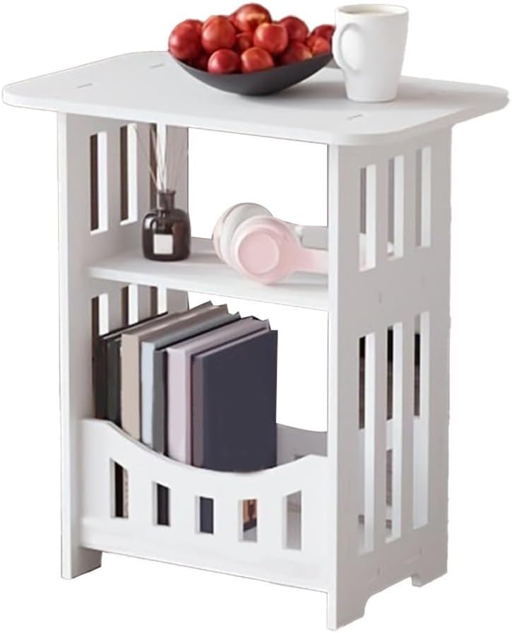 2/3 Tier Narrow Side Table Nightstand with Display Shelf PVC Small Space End Table for Bedroom or Living Room White(Double Levels)