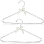 Threan 2 Pcs 16 Inch Pearl Clothes Beaded Clothing Hanger with Ribbon Bowknot Metal Elegant Clothes Standard Hanger for Women Bride Wedding Dress Coat Shirt (White)