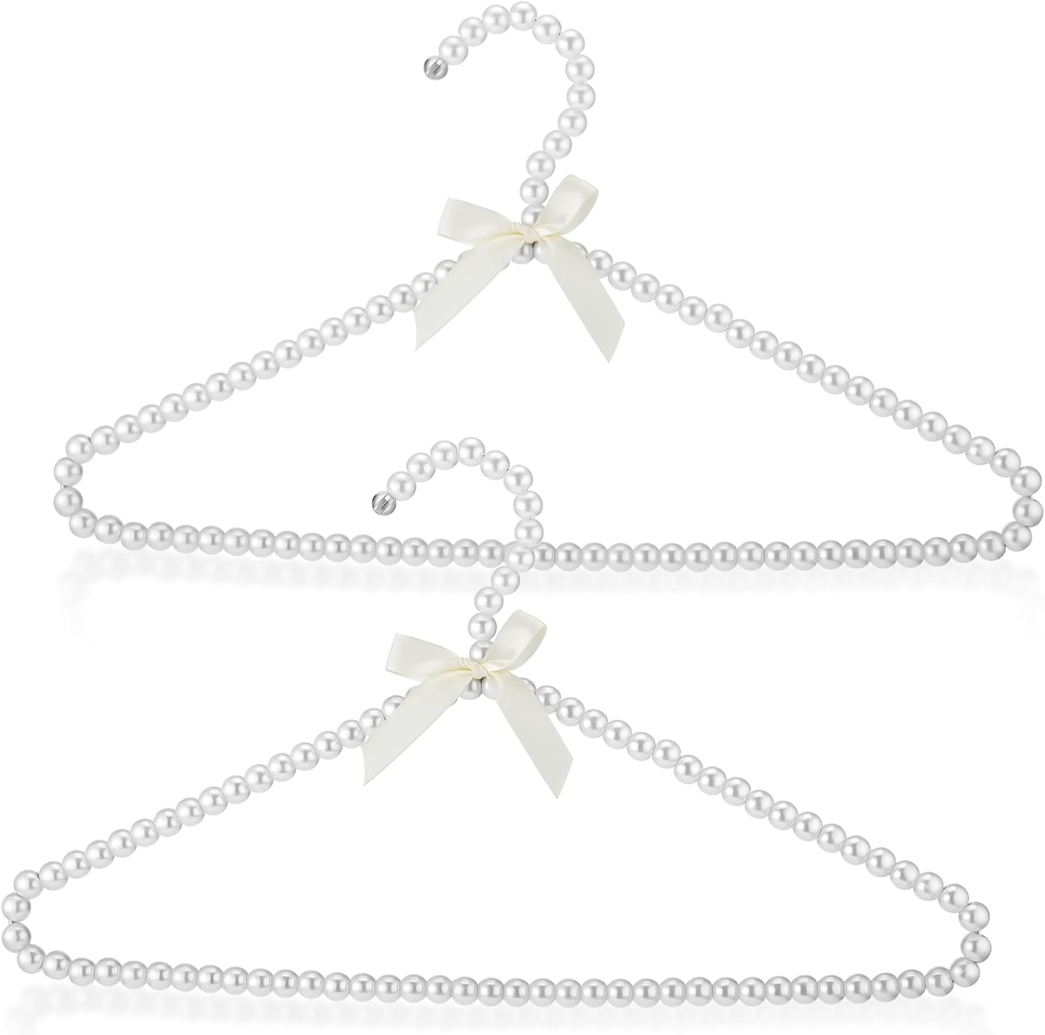 Threan 2 Pcs 16 Inch Pearl Clothes Beaded Clothing Hanger with Ribbon Bowknot Metal Elegant Clothes Standard Hanger for Women Bride Wedding Dress Coat Shirt (White)