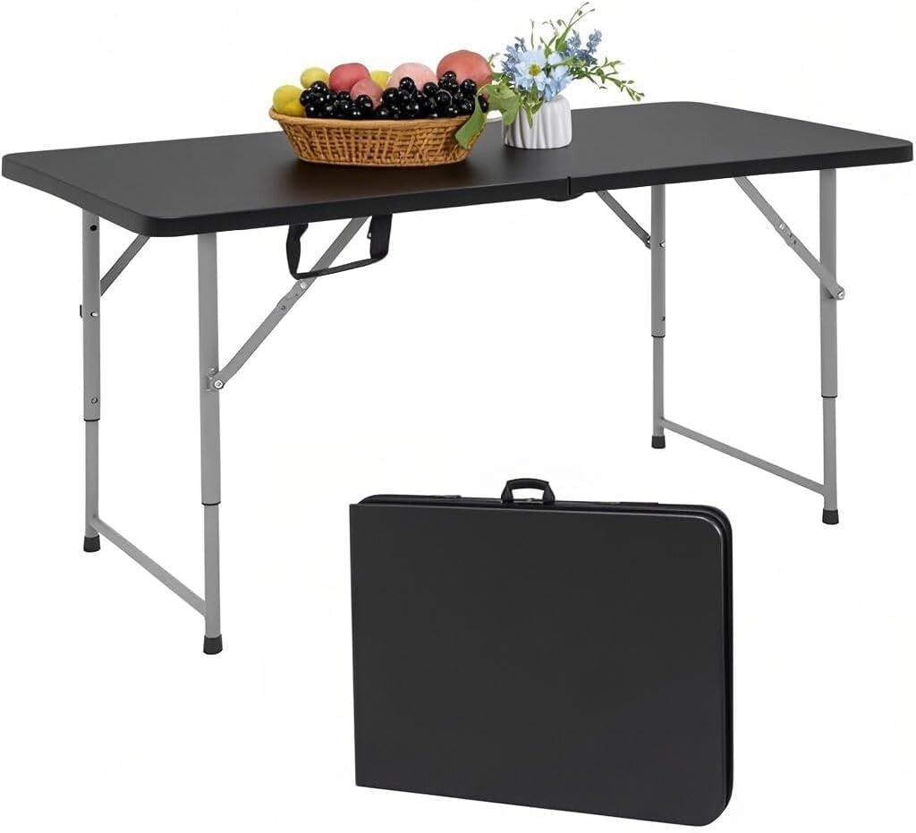 4FT Folding Table Heavy Duty 350 LBS, 3 Adjustable Heights Fold-in-Half Portable Table with HDPE Waterproof Top for Camping, Party, Craft, Card Game - Coffee Table to Dining Height, Indoor Outdoor