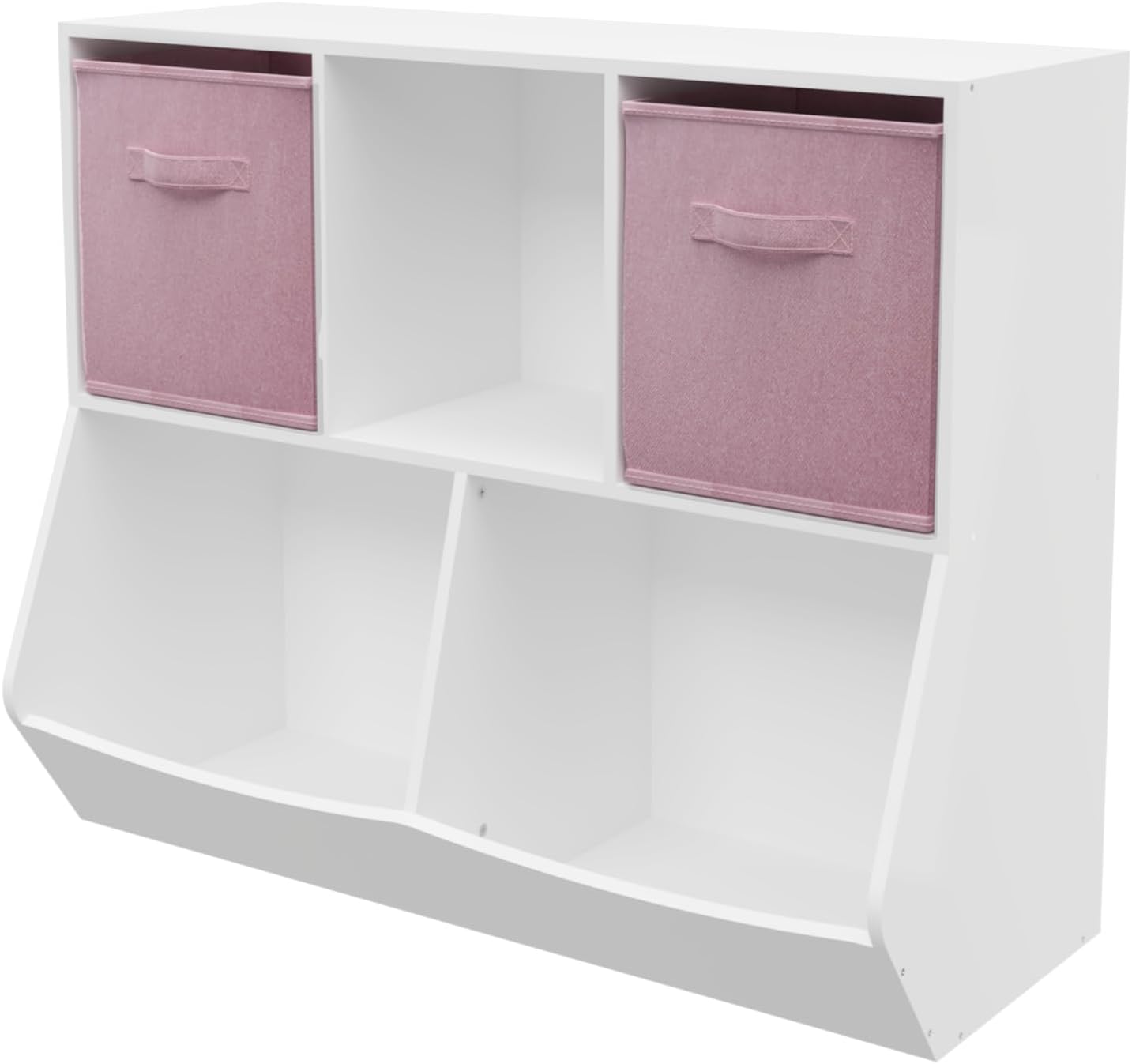 Bookcase with Collapsible Fabric Drawers, Toy Storage Cabinet for Playroom, Bedroom, Nursery, School, White,Pink