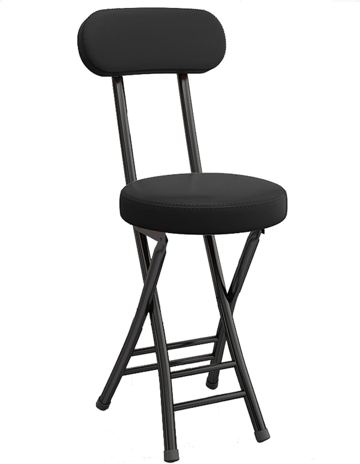 Folding Stool with Backrest, Cushioned Padded Leather Round Portable Foldable Bar Stool Chair for Kitchen(Black)