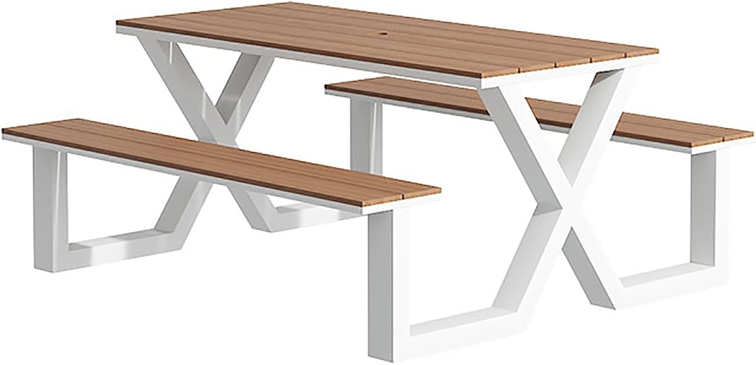 Outdoor Bench Table, Rectangular Porch Bench with Black Frame, Picnic Table Benchs Set for Garden, Lawn, Yard(White)