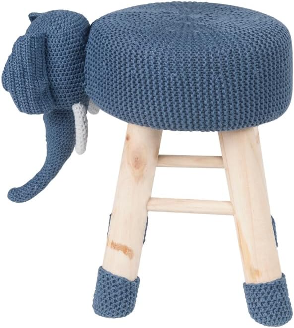Animal Ottoman Stool, Polyester Upholstered Cute Deer Foot Stool with Solid Pine Wood Legs, Portable Small Seat for Children Bedroom (Navy Blue + Wood + Wood)