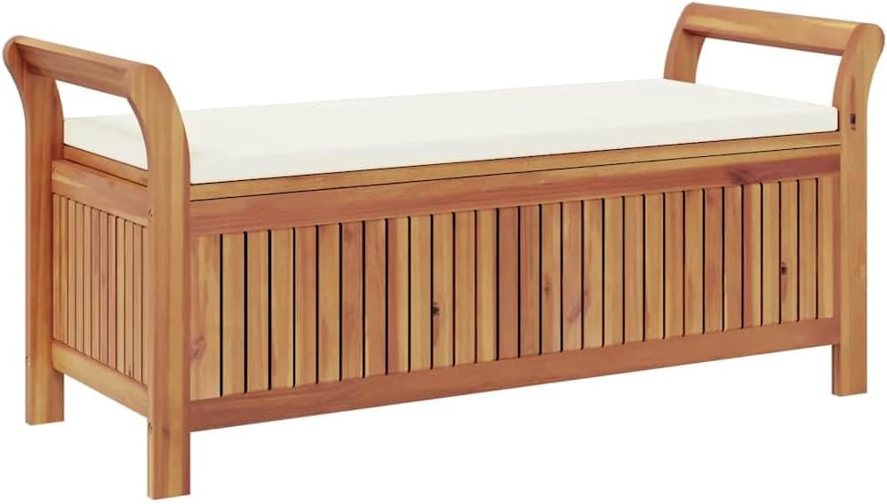 Garden Storage Bench, 49.6 Inch Solid Acacia Wood Outdoor Storage Box with Cream White Cushion, Large Wood Deck Box for Patio Seating and Yard Organization, Natural Oiled Finish