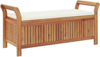 Solid Acacia Wood Patio Storage Bench with Cushion, 49.6 Inch Outdoor Garden Bench with Curved Arms and Ample Storage Space