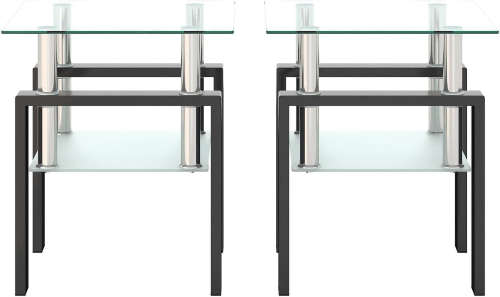 Square Glass End Table Set of 2, Clear Tempered Glass Top with Frosted Lower Shelf, Black Metal Legs, Square Sofa Side Table for Living Room Bedroom, 17.72x17.72x20.5 Inch, 150 lbs Capacit