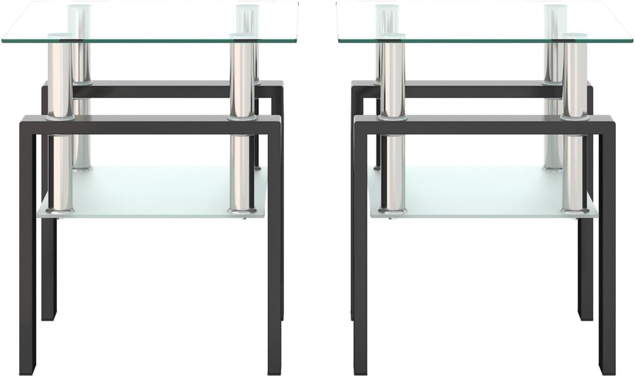 Square Glass End Table Set of 2, Clear Tempered Glass Top with Frosted Lower Shelf, Black Metal Legs, Square Sofa Side Table for Living Room Bedroom, 17.72x17.72x20.5 Inch, 150 lbs Capacit