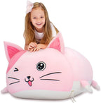 Anzitinlan Cute Cat Bean Bag Chair for Kids, Pink Stuffed Animal Storage Beanbag Chairs for Girls Room Decor, Extra Large Size, Velvet Super Soft Cover Only