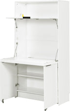 Tall Pantry Cabinet with Power Outlet, Multifunctional Cupboard with Adjustable Shelf, Hutch and Foldable Workstation for Dining Room, Living Room (White)