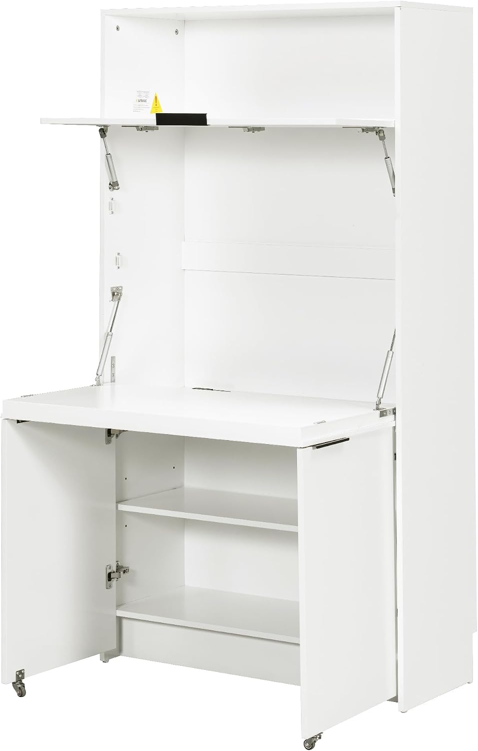 Tall Pantry Cabinet with Power Outlet, Multifunctional Cupboard with Adjustable Shelf, Hutch and Foldable Workstation for Dining Room, Living Room (White)