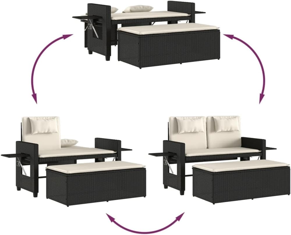 Garden Bench Black and Cream White,Reclining Garden Bench with Adjustable Armrests for Outdoor Comfort Patio Furniture