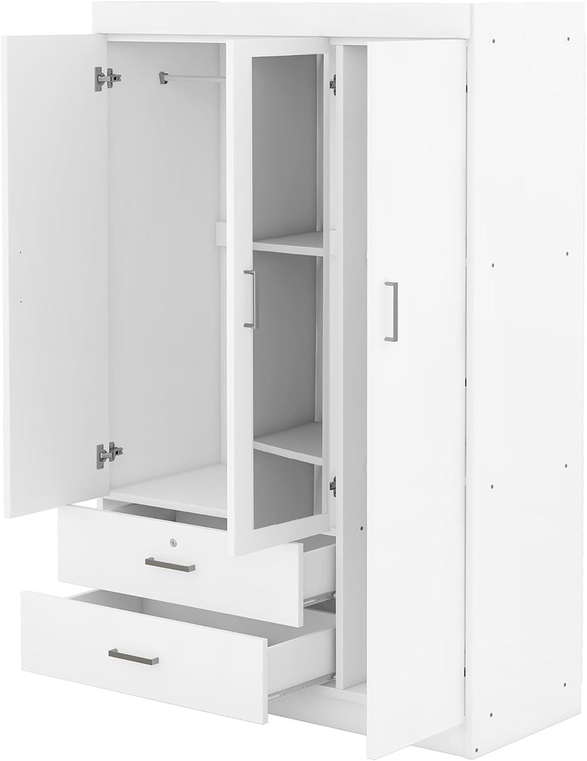 3 Doors Wardrobe Armoire Closet with Mirror, 68.2" H Wooden Freestanding Armoire Wardrobe Closet with Locking Drawers and Shelves, Bedroom Clothes Closets Wardrobes Cabinet with Hanging Rod, White