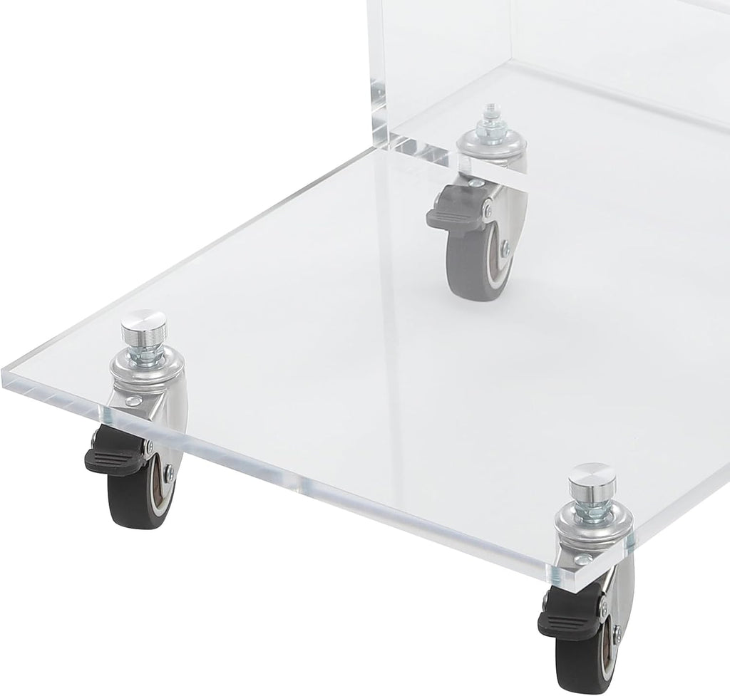 Acrylic Side Table with Storage and Lockable Wheels,C Shaped End Table,Small Coffee Table for Couch, Living Room, Bedroom,Clear