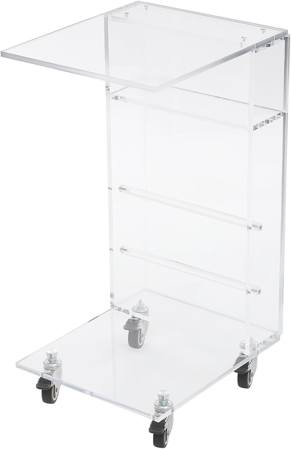 Acrylic Side Table with Storage and Lockable Wheels,C Shaped End Table,Small Coffee Table for Couch, Living Room, Bedroom,Clear