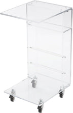 Acrylic Side Table with Storage and Lockable Wheels,C Shaped End Table,Small Coffee Table for Couch, Living Room, Bedroom,Clear