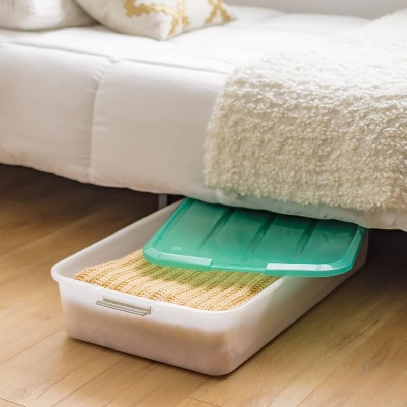 Under Bed Storage Bin Containers with Lid 56 Quart – 32.5"x17.8"x6.5"-Clear Plastic Storage Bins with Latch Lid for Blankets, Shoes, Baby Clothes, Wrapping Paper, Bedding