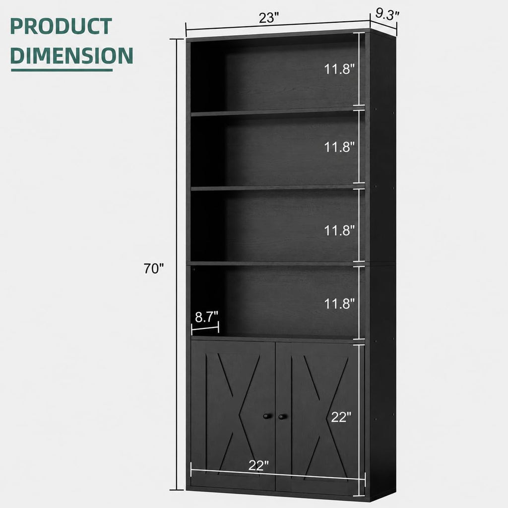 Modern Bookshelf with Doors, Industrial Bookshelves with 6-Tier Shelf, 71 inches Tall Bookcase Display Cabinet with Storage for Home Office, Black