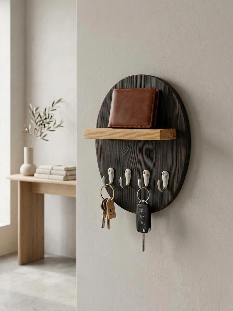 Rustic Wood Wall Key Holder with Shelf, 5-Hook Entryway Organizer, Black and Natural Wood Decor for Hallway Bedroom Kitchen, Space-Saving Hanging Storage Rack