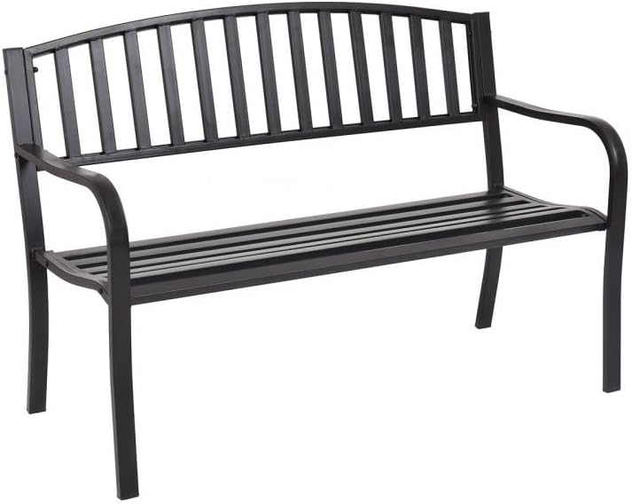 Black 50in Outdoor Steel Benches Powder-Coated 2-Person 500lbs Capacity Garden Deck Backyard