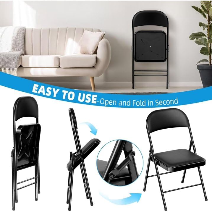 6 Pack Padded Folding Chairs, Heavy Duty Metal Frame with PU Leather Seat & Back, 350 lbs Capacity Portable Stackable Indoor Outdoor Chairs for Party Wedding Office(Black, 6 Pack)