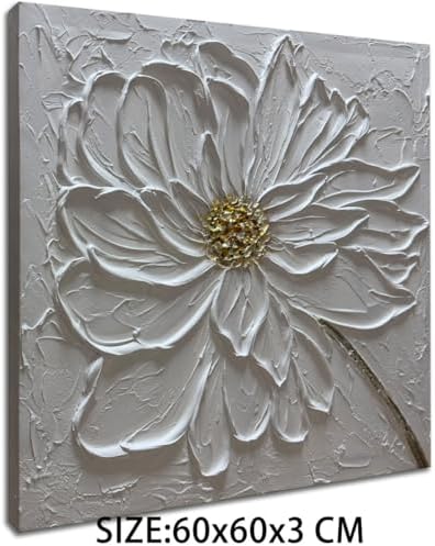 Slyart Hand Paintings 3D Floral Canvas Wall Art 24x24 Inches Abstract White Flower Paintings Modern Contemporary Texture Wall Art White Artwork for Home Decorations