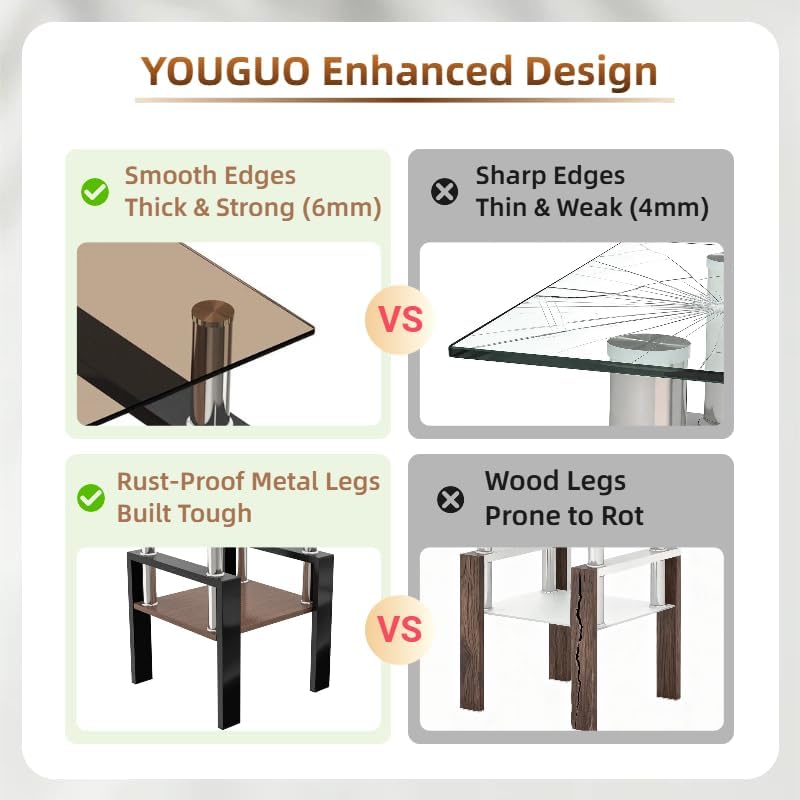 Glass Side Table Set of 2, Small 2-Tier End Table with Tempered Glass Top and Metal Legs, Clear Small Corner Table for Living Room, Bedroom, Apartment (Brown+Black)