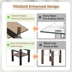 Glass Side Table Set of 2, Small 2-Tier End Table with Tempered Glass Top and Metal Legs, Clear Small Corner Table for Living Room, Bedroom, Apartment (Brown+Black)